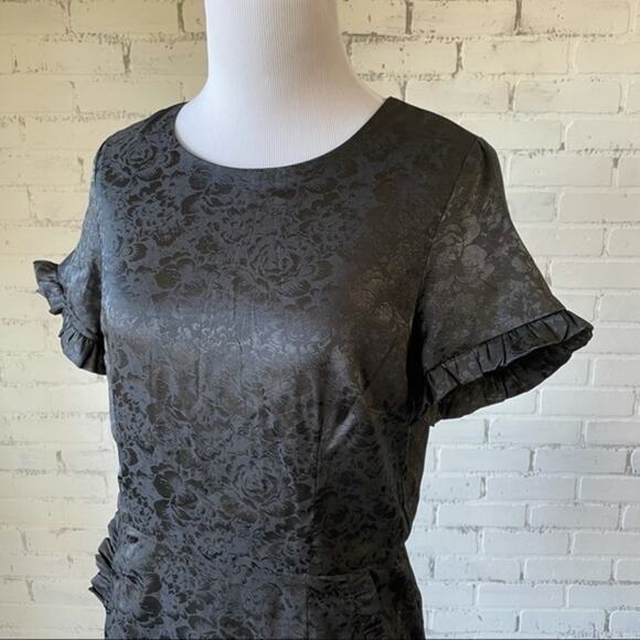 Lulus Black Short Dress Medium Pockets Ruffle Embossed Roses - Picture 11 of 12
